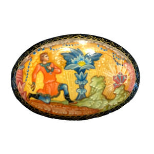 Vintage Wood Brooch Ukraine Oval Wooden Hand Painted Floral Traditional Craft